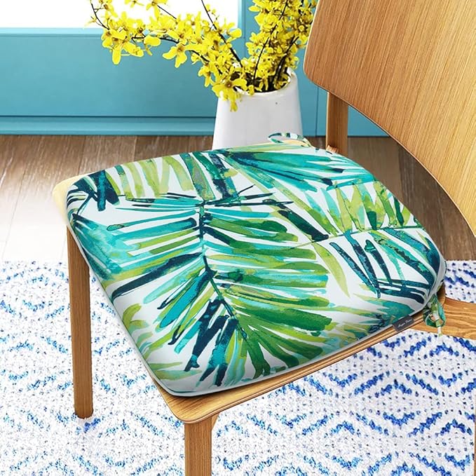 Magpie Fabrics 17"x16"x2" U-Shape Chair Cushions with Ties 4 Count, Outdoor Indoor Waterproof All Weather Seat Pads Decoration for Patio Garden Dining Office - Green Palm Leaves