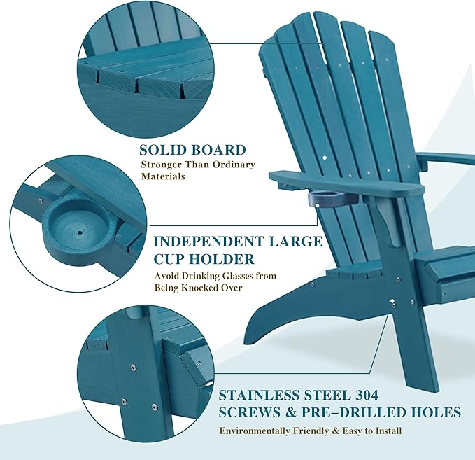 Psilvam Adirondack Chair, Oversized Poly Lumber Fire Pit Chair with Cup Holder, 350Lbs Support Patio Chairs for Garden, Weather Resistant Outdoors Seating, Relaxing Gift for Father & Mother (1,Blue)