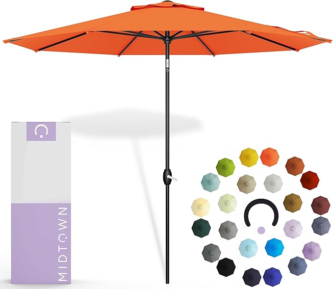 Midtown Umbrellas - 10-Year-No-Fade 10 Ft Patio Umbrella with Terylast Fabric, Auto-Tilt Aluminum Frame and 8 Reinforced Ribs for Deck, Pool, Garden & Beach - Tangerine Canopy, Black Pole
