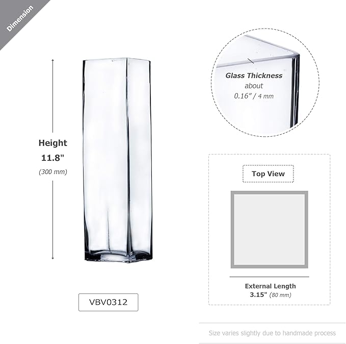 WGV Tall Square Vase Glass Block, Length 3", Height 12", Clear Bud Floral Container, Candle Holder, Planter Terrarium for Wedding Party Event, Home Office Decor, 1 Piece