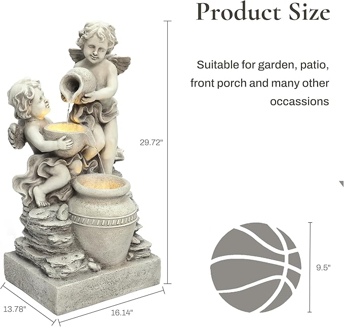 LuxenHome 30 Inch Outdoor Water Fountain, Resin Angels Water Fountains Indoor and Outdoor with LED Light, 3 Layers Angels and Urn Garden Water Fountain, Decorative Waterfall for Backyard