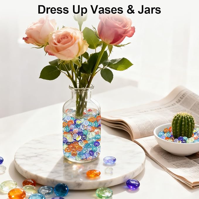 Mini Glass Gems for Vase,Mixed Colour Glass Stones Flat Bottom Marble Beads for Aquarium Fish Tank Planter Crafts Home Decorative Art Craft Vase Filler (Mixed, 1 Pound)