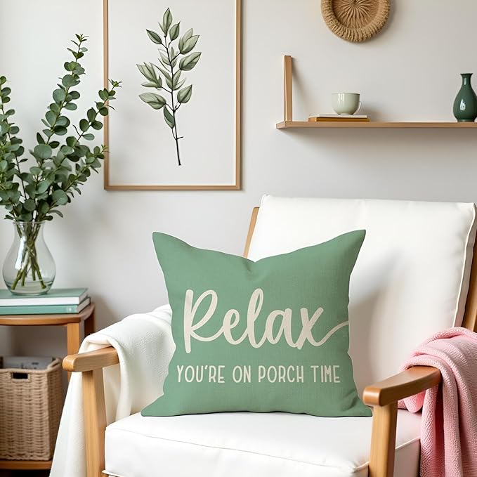 PANDICORN Eucalyptus Green Outdoor Decorative Throw Pillow Covers 18x18 Inch Relax Porch Time Rustic Farmhouse Throw Pillow Cases Decorations for Patio Sofa Couch Decor