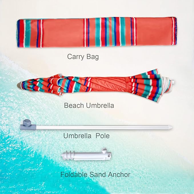AMMSUN 7ft Heavy Duty HIGH Wind Beach Umbrella with sand anchor Vent Tilt Sun Shelter, UV 50+ Protection Portable Outdoor Sunshade Umbrellas Carry Bag for Patio Garden Pool Backyard Rust Red