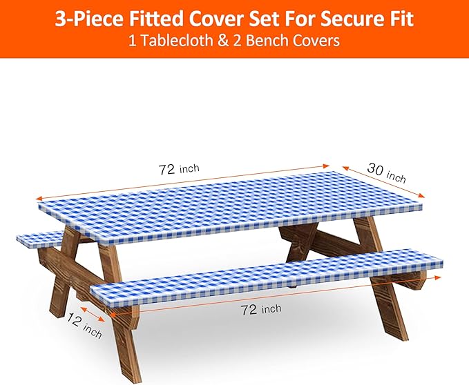 KENOBEE 6ft Picnic Table and Bench Cover, Camping Essentials RV Gear, 72in Waterproof Windproof Outdoor Elastic All Around Tablecloth, Fitted Rectangle Tables and Seats, Blue-White Checkered