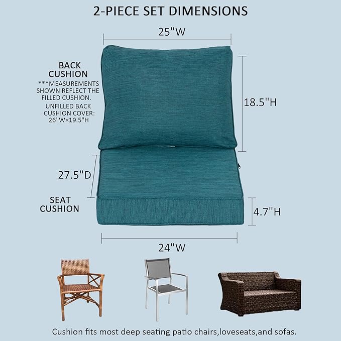 24x27.5 Inch Outdoor Deep Seat Cushions Set of 2,Thick High-Density Foam, Water-Resistant, Piped Edges & YKK Hidden Zipper for Patio Furniture,Malachite