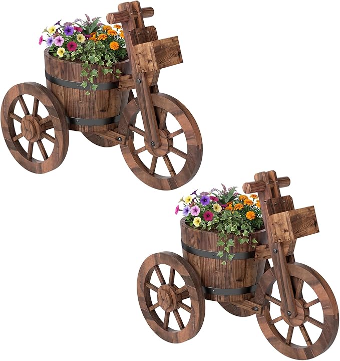 Giantex Wooden Wagon Planter with Wheels, Rustic Wood Plant Stand with Drainage Hole for Flowers Herbs Vegetables, Indoor Outdoor Decorative Garden Flower Cart for Patio Backyard Balcony (2)