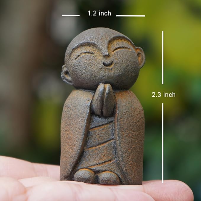 OwMell Japanese Jizo Monk Statue, Buddha Jizo Figurine Memorial Aquarium Statue Ornament - Tilt Smile Iron