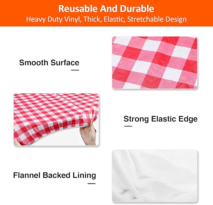 KENOBEE 6ft Picnic Table and Bench Cover, Camping Essentials RV Gear, 72in Waterproof Windproof Outdoor Elastic All Around Tablecloth, Fitted Rectangle Tables and Seats, Red-White Checkered