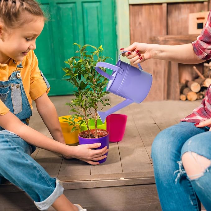 Small Metal Watering Can Set, Pink, 1.2L and 0.23L Garden Cans with Long Spout, Indoor Outdoor Plant Care (Purple)