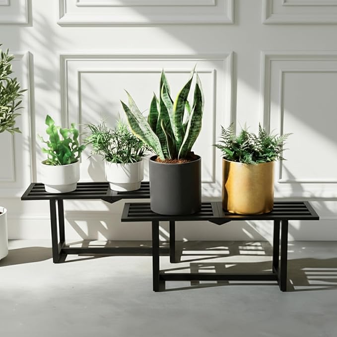 2 Pack Metal Plant Stand, Foldable Heavy Duty Indoor, Window Iron Plant Shelf - Mid Century Modern Slatted Bench for Patio, Garden, Living Room Load Bearing 330 lbs 26" L x 10.4" H x 8.6" W 1 Tier Black