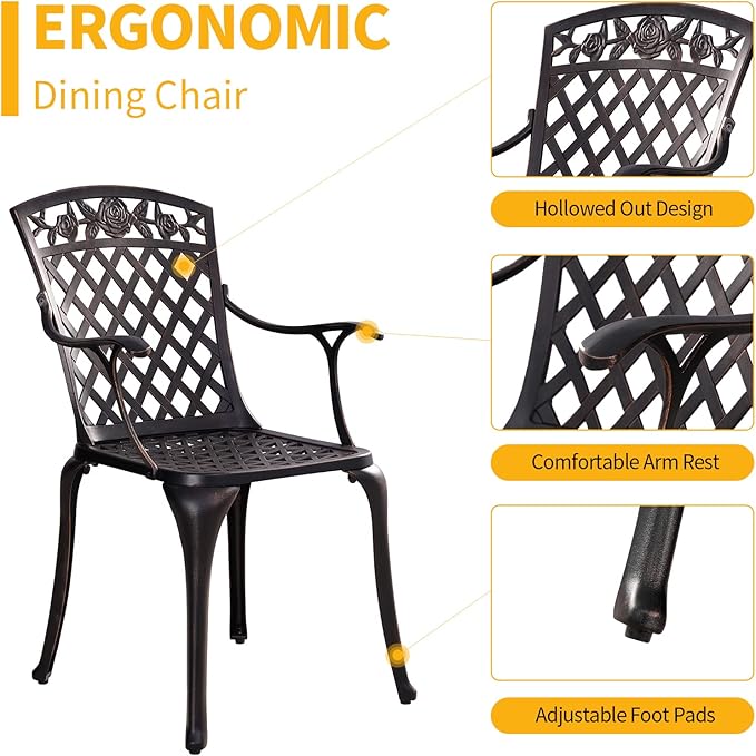 Cast Aluminum Patio Chairs, Outdoor Bistro Chairs Set of 2 with Large Back, All Weather Metal Dining Chairs for Garden Deck Backyard, Bronze Lattice Weave Design