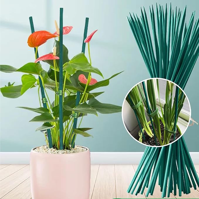 100 PCS 18” Bamboo Plant Stakes with Green Garden Ties - Sturdy Wooden Support Sticks for Indoor & Outdoor Potted Plants, Orchids, Tomatoes, Floral Gardening