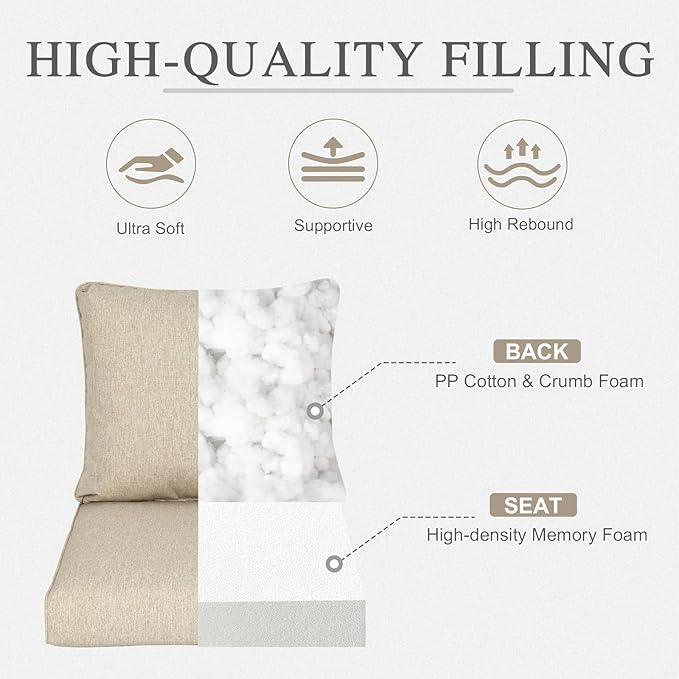 Aoodor 25" x 25" Patio Deep Seat Cushion Set, Water Resistant & Fade Resistant Outdoor Furniture Cushions with Adjustable Straps for Patio, Deck, Garden, Brown