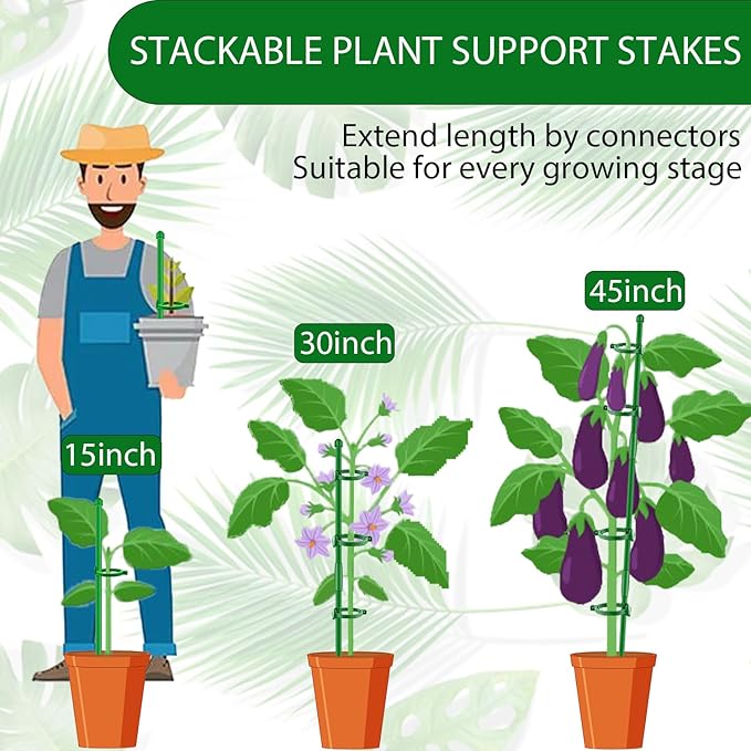 10PCs Plant Stakes for Indoor Plants,15 Inch Plant Support Stakes with Clips, Tall Adjustable Plant Sticks for Indoor Monstera Tomato Orchid Potted Plants Flower Comes with Spearhead End