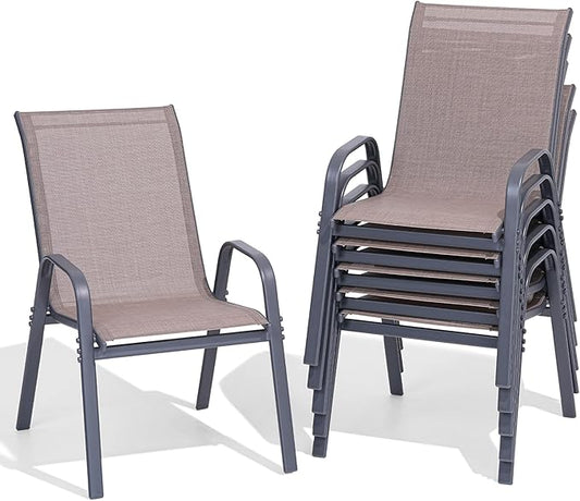 Patio Chairs Set of 6, Easily Set Up Stackable Outdoor Dining Chairs with High Back and Wide Seat, All Weather Breathable Outdoor Chairs Set of 6 with Metal Frame for Backyard Deck Pool, Brown