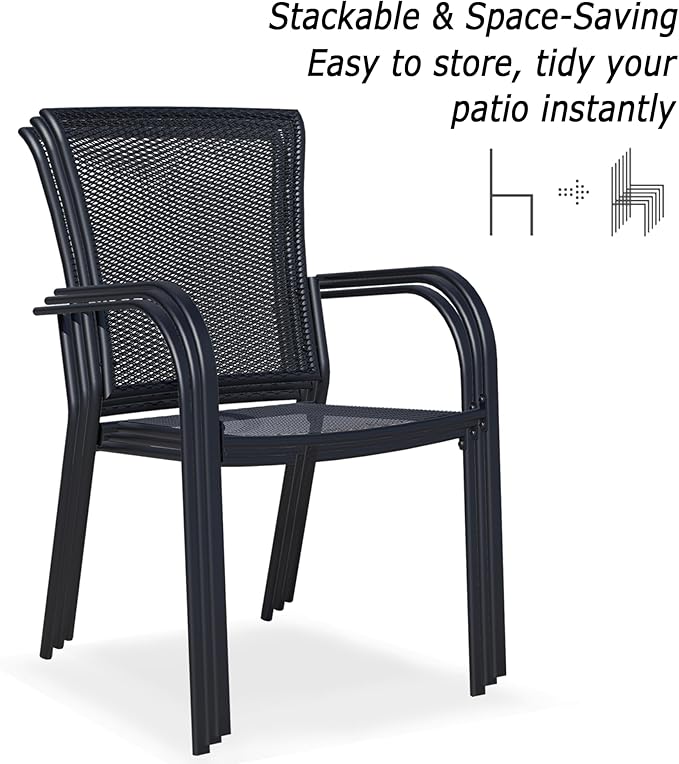 Patio Dining Chairs Set of 6, Black Stackable Outdoor Dining Chairs, Metal Mesh Patio Furniture Set for Garden Backyard Lawn Deck Support Over 300 lbs