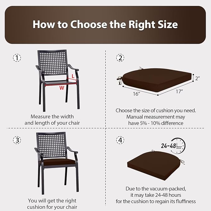 Outdoor Chair Cushions Set of 4, 17 x 16 Inch Patio Chair Cushions for Outdoor Furniture, Water Resistant, Non-Slip Ties(Dark Brown)