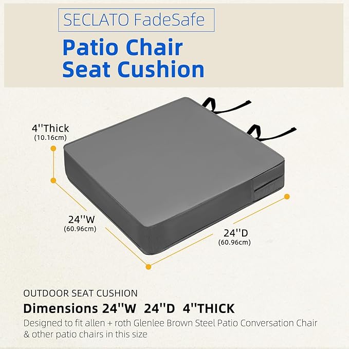Patio Chair Cushions 24x24x4 Inch, Waterproof Outdoor Seat Cushions with Adjustable Straps & Handle, Thick High-Density Foam, Fade-Resistant, Machine Washable,2-Pack Dark-Grey