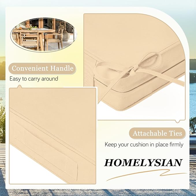 Waterproof Outdoor Chair Cushions Set of 2, Square Outdoor Seat Cushions with Ties and Removable Covers, 22 x 22 Outdoor Cushions for Patio Furniture with Portable Handle(Beige)