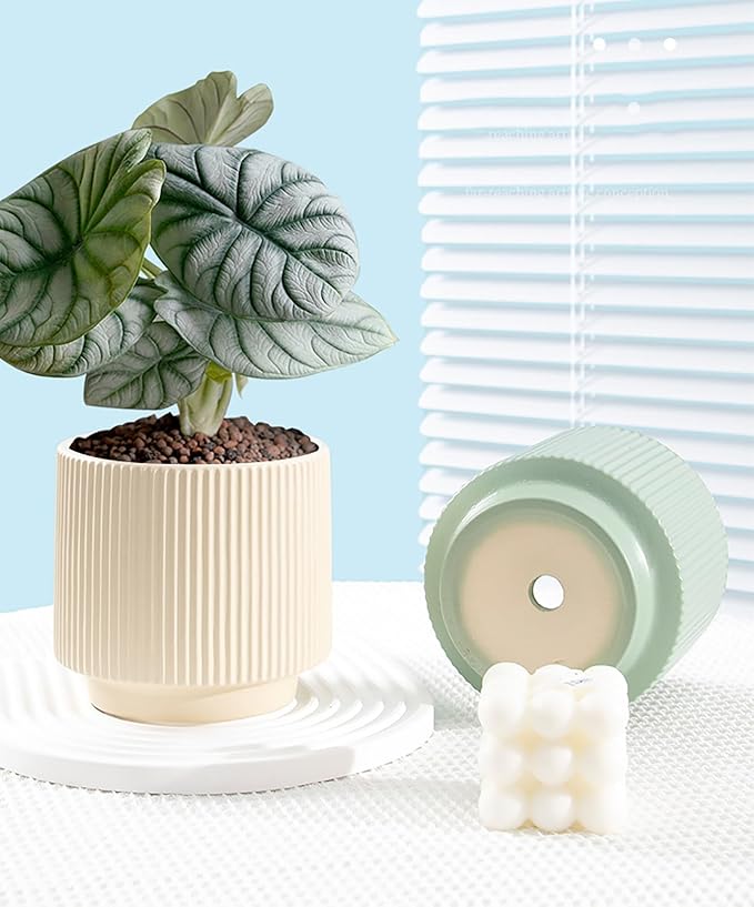 Ceramic 4.9+6.3 inch Planters, Modern Home and Office Flowerpot, Indoor and Outdoor Flowerpot with Drainage Hole (Light Yellow)