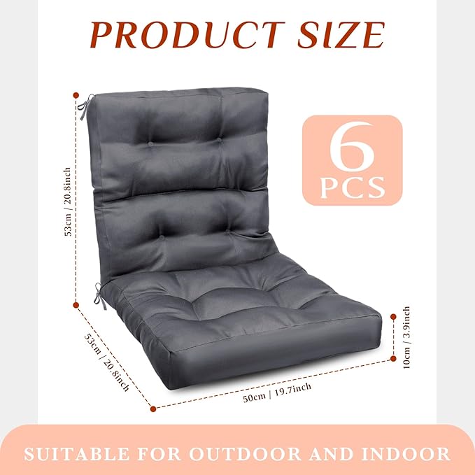 Hoteam 6 Set Patio Chair Cushions Outdoor High Chair Cushion 20 x 40 Inch Waterproof Patio Seat Rocking Indoor Thickened Pad(Solid Color Style,Gray)