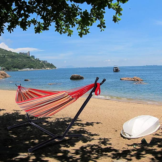 Portable Outdoor Polyester Hammock Set,Single Person Brazilian Hammock,Garden Cotton Hammocks,Indoor Swing Hammock Chair,with Stand & Carry Bag,for Outside Patio Porch Poolside Backyard (Red)