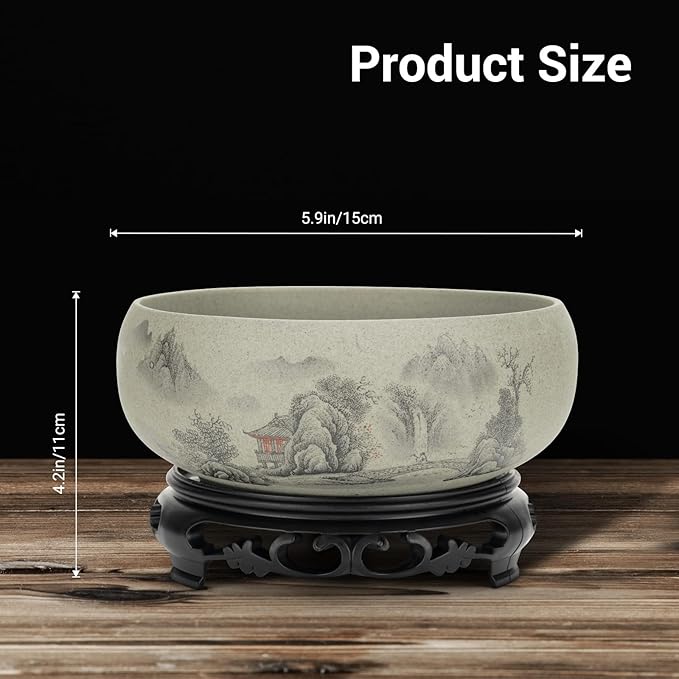 Lotus Bowl Planter - Ceramic Pots for Plants with Stand for Hydroponic Water Lilies & Bonsai Trees, Bonsai Pots Indoor/Outdoor Décor - Zen Garden & Home Art Display (Grey, Small)