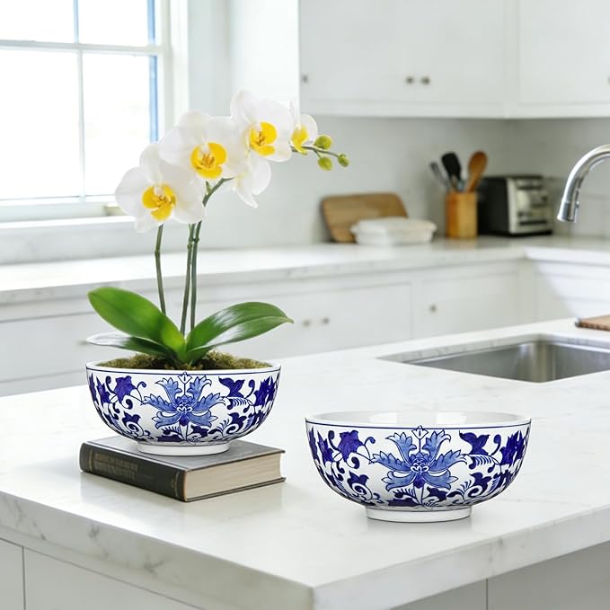 Hollyone Set of 2 Blue and White Vase Porcelain Planters 7 + 9 inch Garden Bowl Modern Ceramic Pots Classic Chinese Floral Vase for Indoor Outdoor Succulents Bonsai Fairy Gardens Herbs