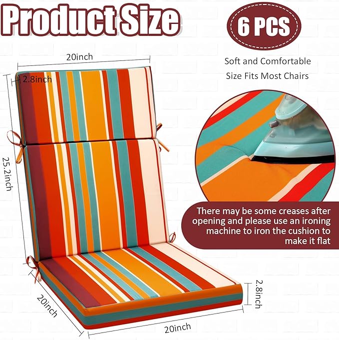 6 Pack Outdoor High Back Chair Cushion, 44 x 20 inches Patio Chair Cushions Waterproof Rocking Cushions Indoor Furniture Seat Pad, Weather Resistant (Solid,Boho)
