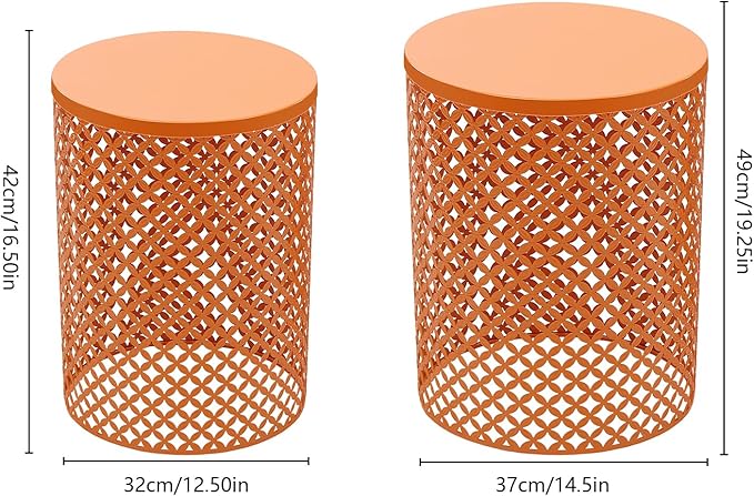 2PCS Outdoor Side Table, Heavy Duty Metal Frame Side Table Decorative Garden Stool Modern End Table Round Coffee Table for Patio Gardens Balconies Cafes (Orange)
