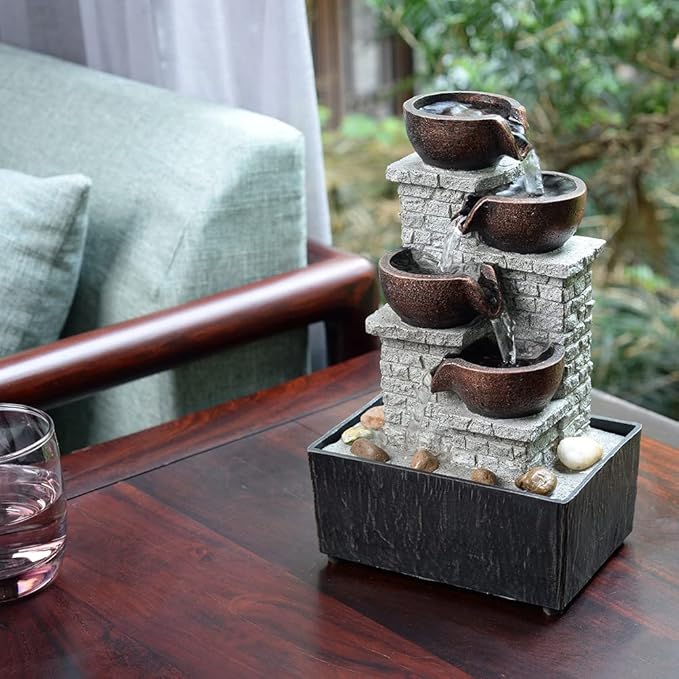Kalona Tabletop Waterfall Fountain, 4-Tier Indoor Water Fountain, Cascading Bowl with LED Lights and Rocks for Home Office Decoration, Relaxing Desk Fountains(21132B)