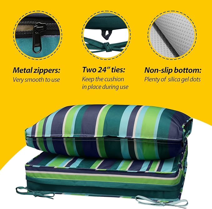 AAAAAcessories Outdoor Seat Cushions for Chairs, Fade-Resistant, Waterproof Patio Furniture Replacement Cushions, 23" x 23" x 5" + 23" x 13.5", Stormy Teal Coastal Stripe