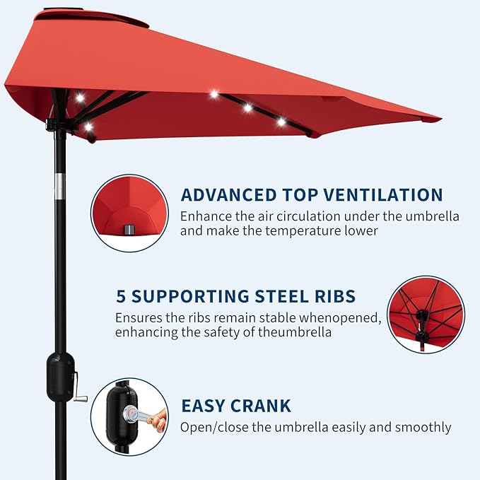 Garvee Patio Umbrella 9FT - Half Umbrella Outdoor with Solar LED Lights and Smooth Crank Lift, Outdoor Shade Canopy for Patio, Backyard, Garden, Deck, Balcony -Red
