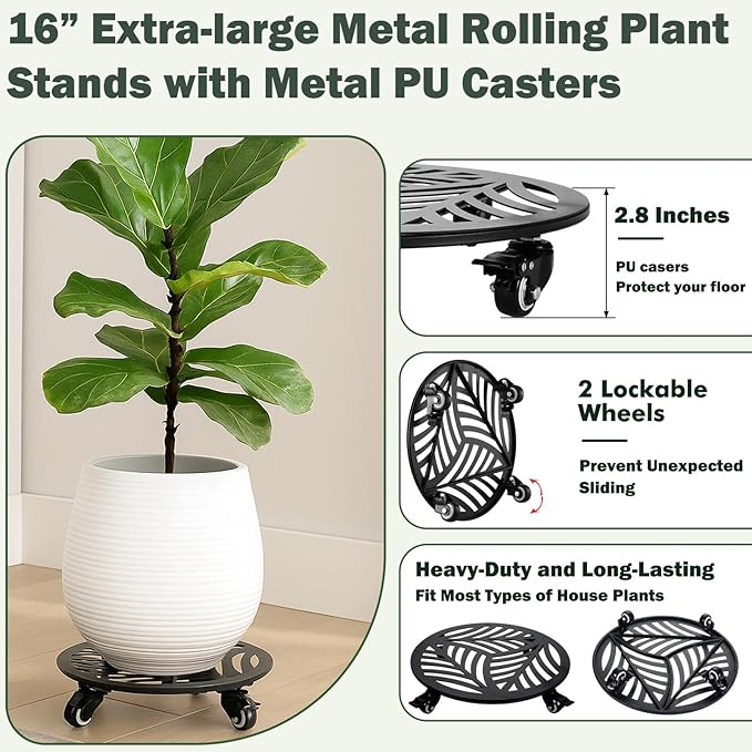 1 Pack 16 inches Extra-large Metal Plant Caddy with Wheels Heavy-duty Iron Rolling Plant Stand with Casters Indoor Outdoor Wheeled Plant Roller Base Pot Movers Plant Dolly Coaster Trolley Black