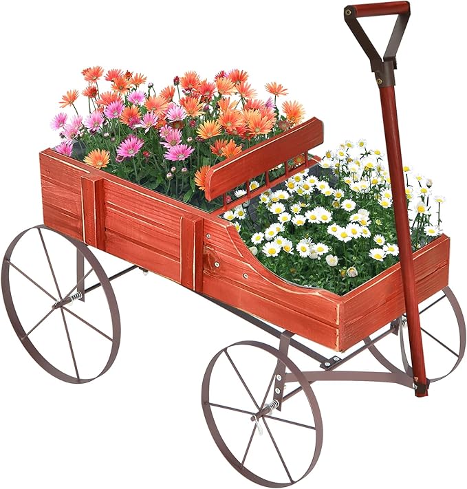 Wooden Wagon Planter, Decorative Garden Wheelbarrow Planter with 2 Planting Sections, Rolling Wheels, Adjustable Handle, Small Wagon Cart Planter Stand for Flowers Vegetables Herbs (Red)