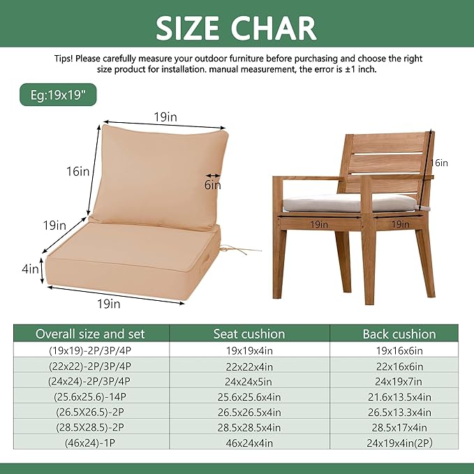 Outdoor Chair Cushions 4 Set, 19 x 19 x 4IN, Patio Deep Seat Cushion for Patio Furniture, Waterproof & Fade Resistant Thick Deep Seating Pads for Outside Wicker Ratten Chair Sofa Couch,Beige