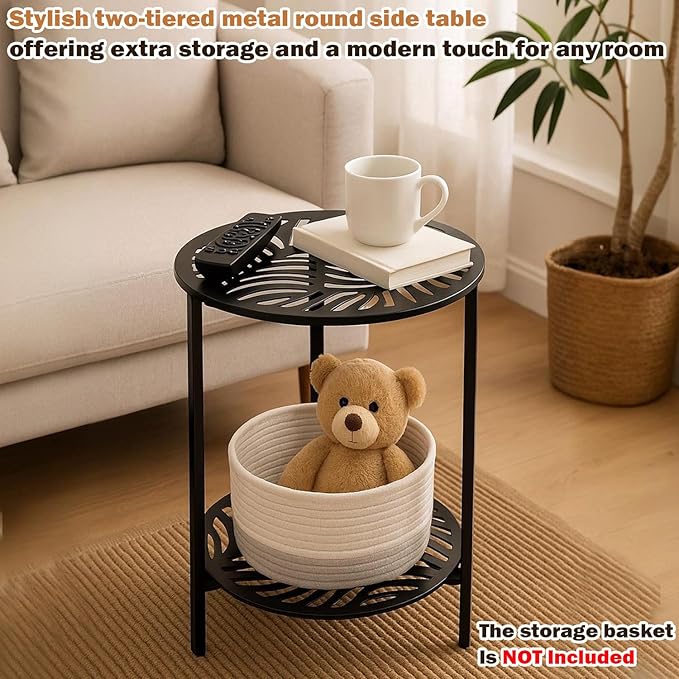 13" Two-tiered Metal Round Side Tables Small Black Outside End Table for Patio Round Accent Garden Corner Stand for Small Spaces Weather-resistant Outdoor Coffee Table for Balcony Porch Plant Stand