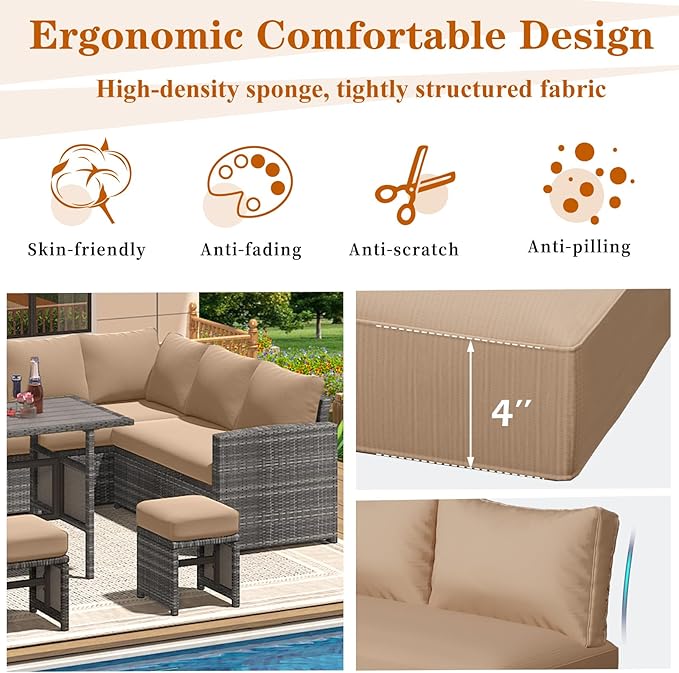U-MAX Outdoor Cushions, 4 inch Memory Foam Patio Replacement for Outdoor Furniture, Fits 7-Seats Sectional Rattan Conversation Set, Splashproof Covers (Beige)