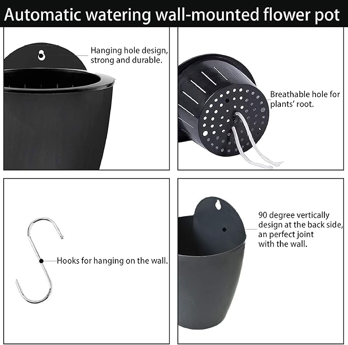 7Pack Self-Watering Plant Flower Pot Wall Hanging Plastic Planters Size 7 inch with 7 Hooks Replacement for Plants Flowers Indoor Outdoors