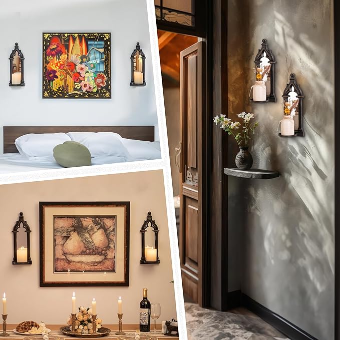 Candle Sconces Black Wall Decor - Gothic Dark Mirror Wall Candle Holder for Halloween Art Decorations - Wood Farmhouse Candles Sconce Set of 2 for Home Fireplace