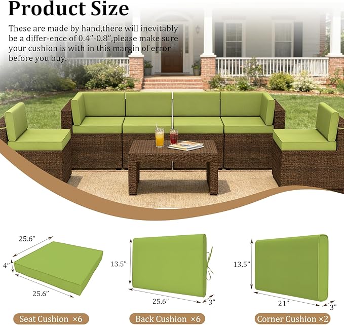 14 Pcs Outdoor Replacement Cushions for Patio Furniture, All Weather Water Resistant Cushion for 6 Seat Rattan Wicker Sectional Patio Conversation Sets and Couch (Light Green)