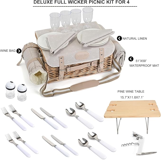 Multifunctional Wicker Picnic Basket Set for 4 with Blanket and Picnic Table, Insulated Picnic Set with Full Tablewares for Camping Outdoor Couples, Flowers