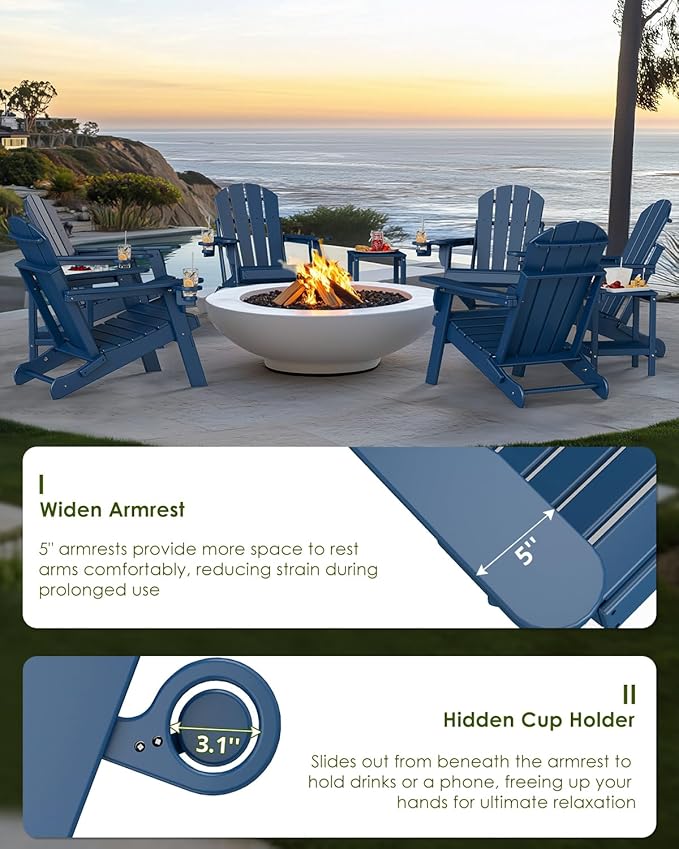 GREENVINES Folding-Adirondack-Chairs-Set-of-4 | HDPE Plastic | Fire Pit Chair | All Weather | Cup Holder | Blue | for Deck Backyard Patio Outdoor Garden