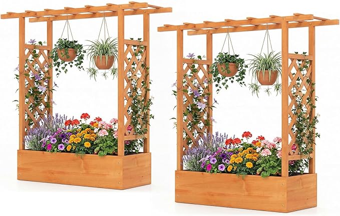 Raised Garden Bed with Trellis, Wood Planter Box w/Trellis, Hanging Roof, Drainage Holes, Freestanding Planter Raised Bed for Outdoor Climbing Plants Flowers, Patio Yard Balcony (2, Orange)