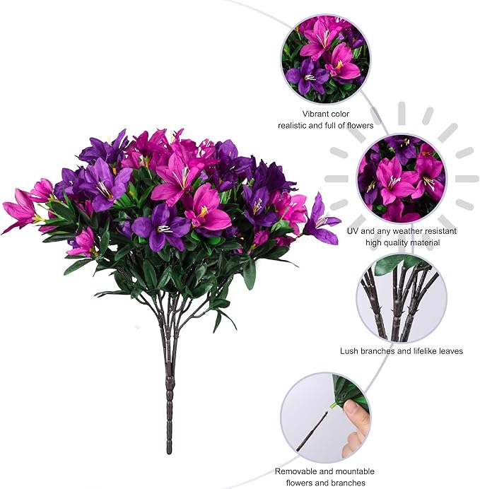INSPRING Artificial Fake Flowers for Outdoors Spring Summer Decoration, 3 Bundles Realistic Outdoor Faux Azalea Plants UV Resistant Silk Flowers for Outside Planter Patio Porch Garden Yard Home Decor