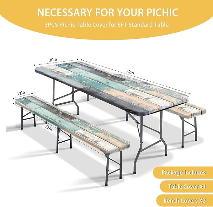 Picnic Table Cover with Bench Covers 72IN 6FT, Camping Essentials Tablecloth Waterproof Oilproof with elastic Edge for Indoor Outdoor Patio (Retro Wood Grain Blue)