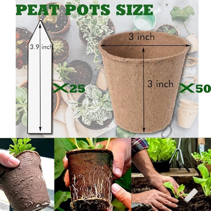 3T GROUP 50 Pcs 3 Inch Small Plant Pots Kit,Compostable Flower Pots for Plant,Disposable Peat Seed Pots,Biodegradable Planting Cups with Labels for Vegetables,Fruit