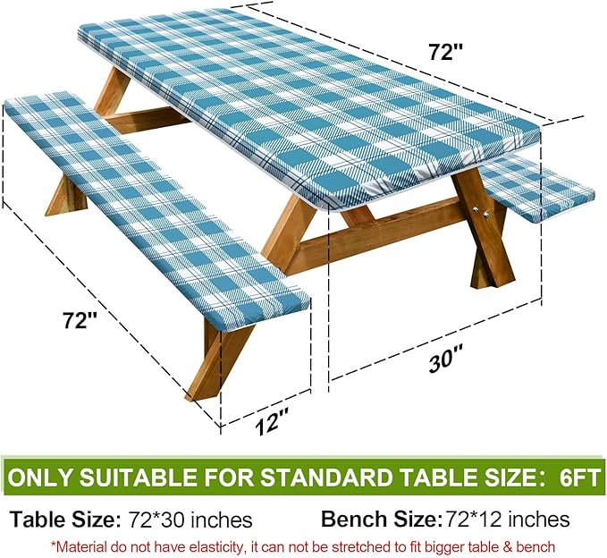 Picnic Table Cover with Bench Covers 6FT 3 Pcs Waterproof Windproof Aesthetic Camping Tablecloth with Drawstring Bag, Fitted for 6 Foot Rectangle Tables and Seats, 72 inch, Teal Checkered