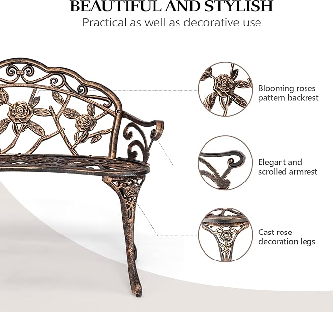 Bonnlo 2 Seater Garden Bench Outdoor Bench Furniture Patio Bench Seating Park Patio Seat Cast Iron Cast Aluminium Frame Antique Finish Chair